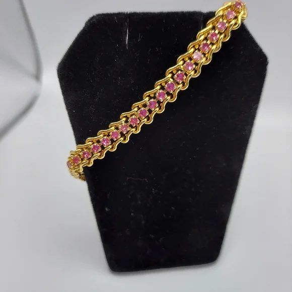 Vintage Tennis Bracelet w/Pink Rhinestones& Goldtone, GC. - Picture 6 of 9